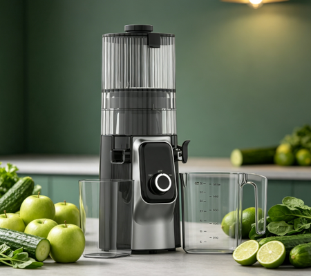 Centrifuga lenta Fresh Smart HJ102C – La centrifuga che rende il succo fresco parte della tua routine quotidiana con 3 velocità regolabili, bocca larga da 135 mm, spremitura a freddo da 200 W e autopulizia