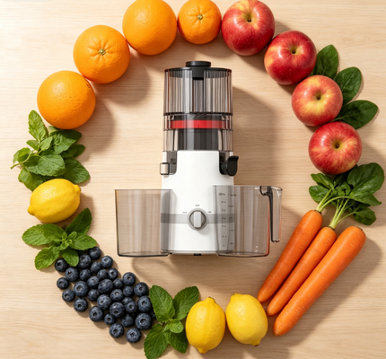 Fresh Smart HJ102B Slow Masticating Juicer Rituale quotidiano di benessere per la tua famiglia con cascata da 135 mm, stampa a freddo da 200 W, auto-pulizia e serratura di sicurezza per una maggiore tranquillità